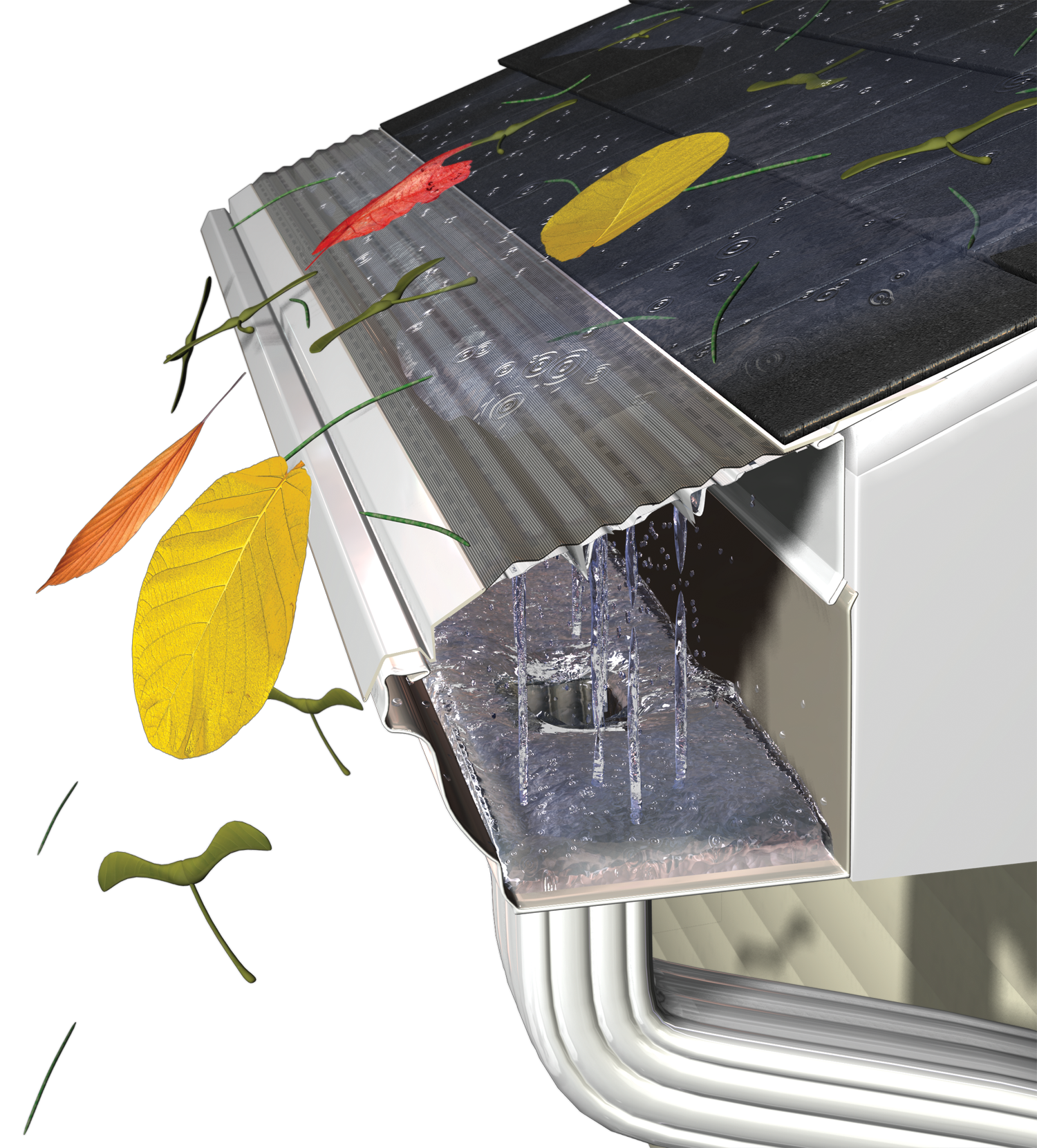 Waterfall Gutter Guards This Also Works On Surface Tension But As You Can See But The Slots Clog Quickly With Gutter Guard Gutter How To Install Gutters